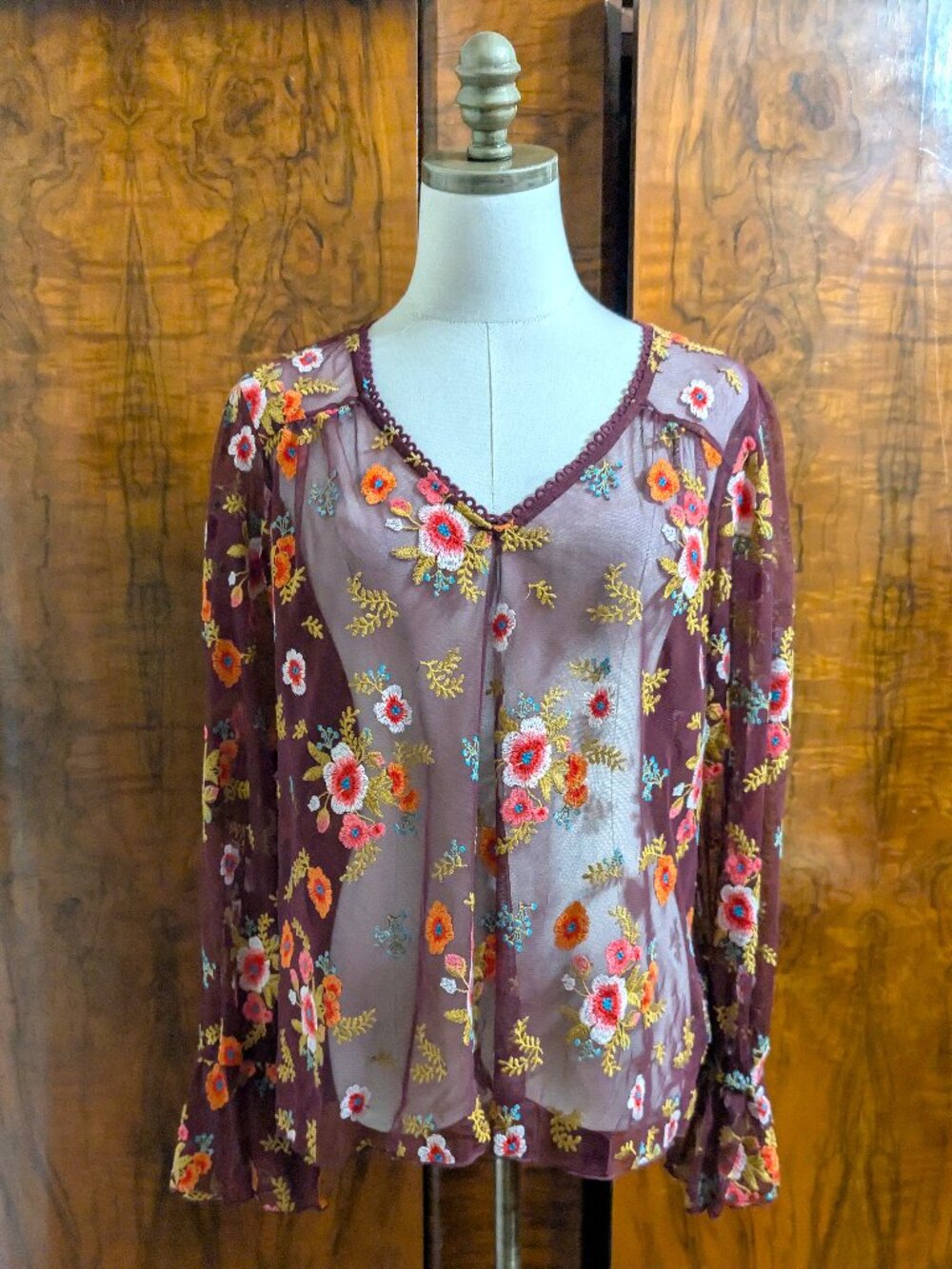 Anthropologie Feather Bone Giralda Blouse S Maroon Mesh Floral Embroidered Boho